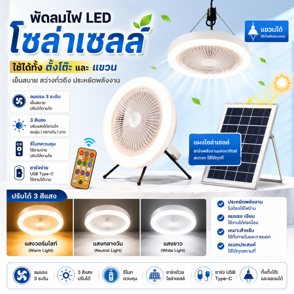 HomeNest พัดลมโซล่าเซลล์ Solar fan แสงไฟสามสี สามารถใช้เป็นพัดลมตั้งโต๊ะและพัดลมเพดานได้