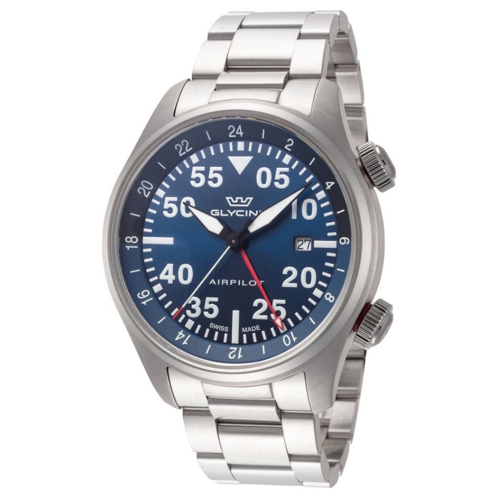 นาฬิกา GLYCINE MEN'S GL0348 AIRPILOT GMT QUARTZ BLUE DIAL STAINLESS STEEL WATCH 44 MM พร้อมกล่อง (ให