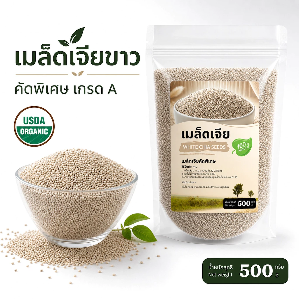 เมล็ดเจียขาว ออร์แกนิค 500 กรัม | เกรด A คัดพิเศษ | อิ่มนาน โอเมก้า 3 ไฟเบอร์สูง | White Chia Seeds 100% Organic Non-GMO