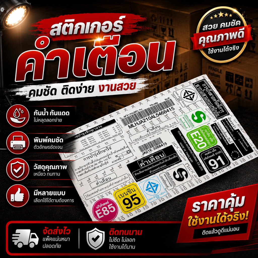 สติกเกอร์ป้ายคำเตือนรถมอเตอร์ไซค์ครบชุดทั้งคัน(17ชิ้น)บาร์โค้ด,น้ำมัน91-95-E20-E85,มอก.Wave100-125R.I.SLEDสำหรับมอไซค์