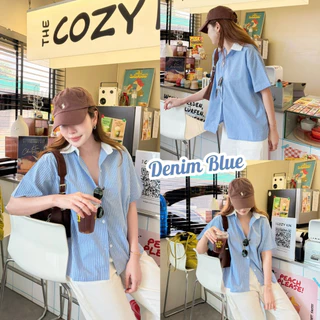 MELLOW STRIPED SHIRT เสื้อเชิ้ตแขนสั้นทรงโอเวอร์ไซส์ ดีเทลแต่งคอปกขาว ผ้าคอตตอนทอเนื้อนิ่ม ใส่สบาย