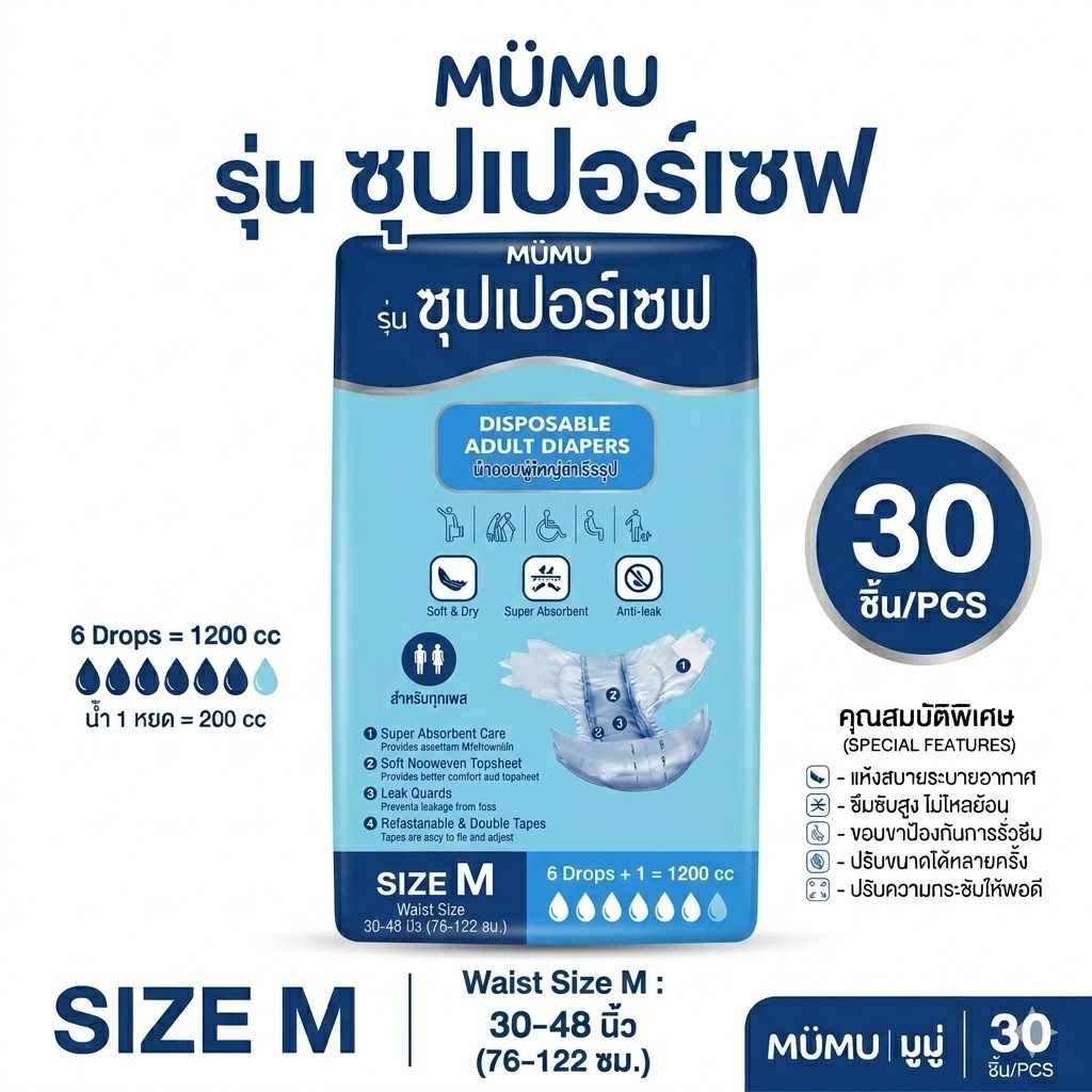 Mumu ผ้าอ้อมผู้ใหญ่มูมู่ แบบเทป Size M จำนวน 30 ชิ้น/ห่อ