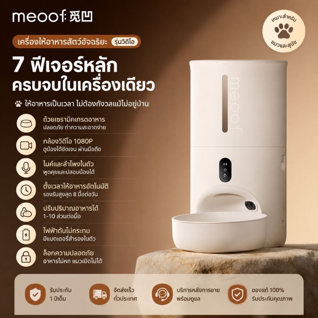 เครื่องให้อาหารสัตว์เลี้ยงอัตโนมัติ meoof รุ่นไข่ม้วน ต่อไวไฟได้ มีกล้อง เชื่อมแอพได้ ความจุ 4 ลิตร สีมินิมอล