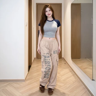 🌈SpinnyHouse🌈กางเกงคาร์โก้ ขากระบอก เอวยางยืด มีไซส์ M-XL สกรีนลายสไตล์สตรีท Y2K สาวอวบใส่ได้ พร้อมส่ง รุ่น FAIR CARGO
