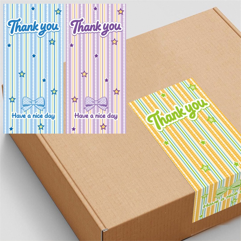( hh ) สติกเกอร์ขอบคุณรูปโบว์ลายทางหลากสี สติกเกอร์น่ารักสำหรับตกแต่งกล่องของ