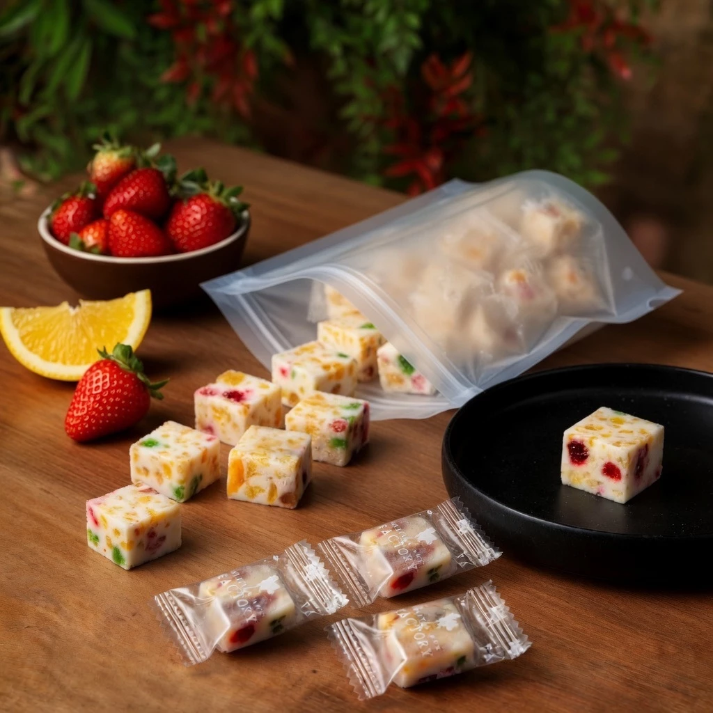 นูกัตคิวบ์ 200g. นูกัตผลไม้ที่ให้เครื่องผลไม้แน่นๆ รสชาติเปรี้ยวหวานทานง่ายอร่อย พกพาสะดวก