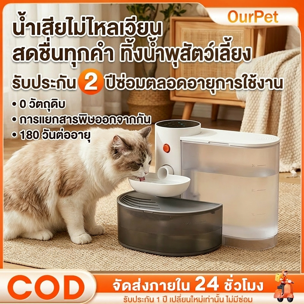 เครื่องป้อนน้ำอัตโนมัติแบบเทน้ำ 3000ML ตู้กดน้ำแมว สัตว์เลี้ยง ระบบกรอง ถอดปลั๊กใช้งานได้ ทนทาน เหมาะสุนัขและแมว