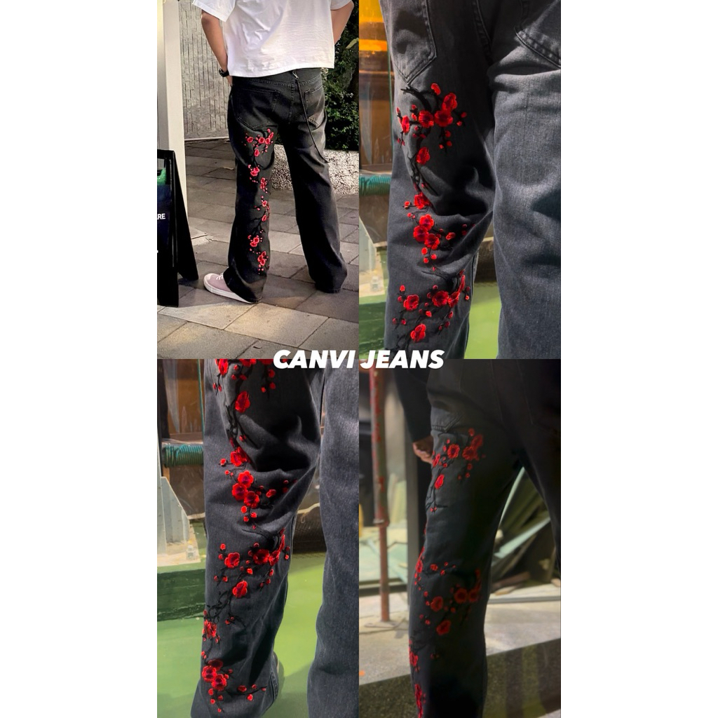 กางเกงยีนส์ขากว้าง ปักดอกไม้ สีดำ CANVI Baggy Floral Embroidery Jeans