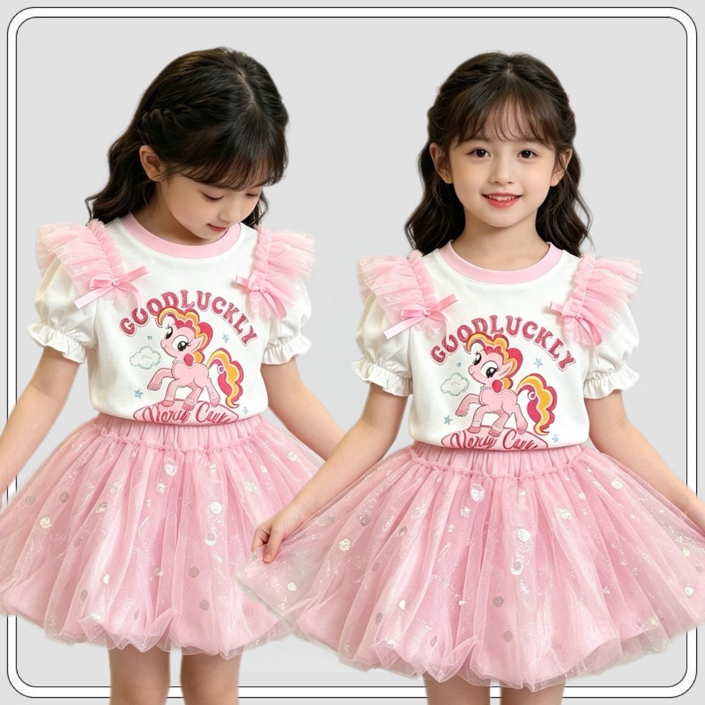 MC292  ชุดเซ็ตเด็กผู้หญิง เสื้อยูนิคอร์น + กระโปรงฟูฟ่อง สีชมพู