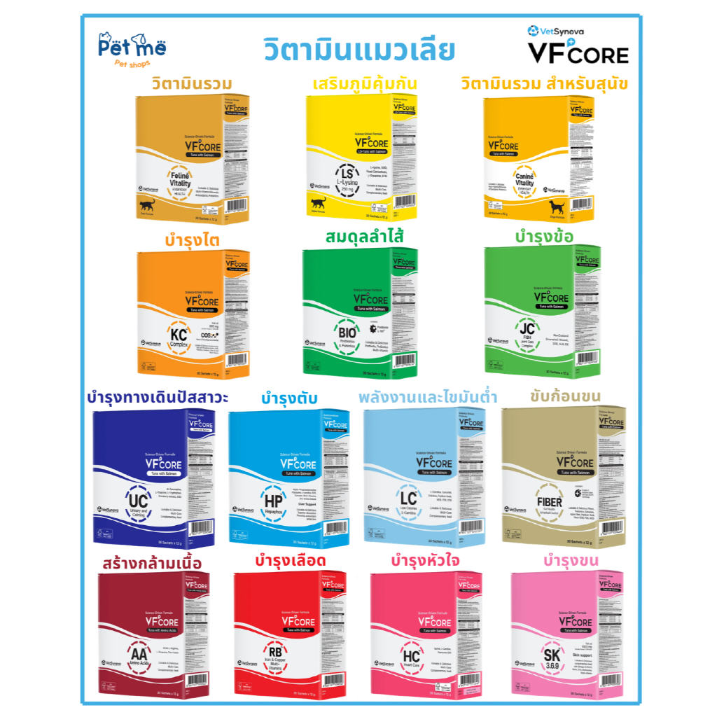 {ยกกล่อง 30 ซอง} VF+Core วีเอฟพลัสคอร์ วิตามินแมวเลียบำรุงร่างกาย/เลือด/ข้อต่อ/ดูแลระบบลำไส้/ระบบย่อย ครบสูตร