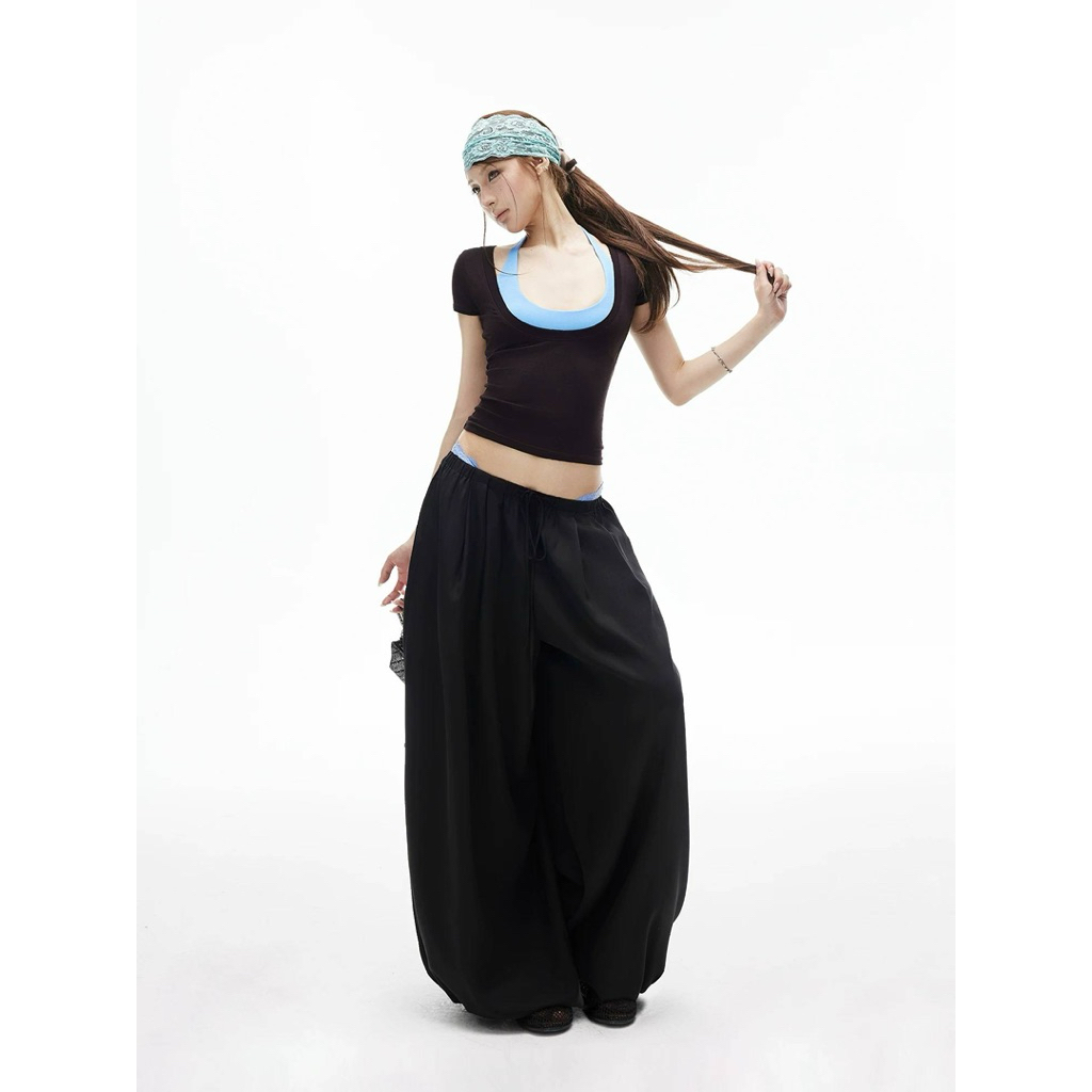 iamxiaa* Gentle Lyocell Blue Color Block T-Shirt & Two-Piece Set