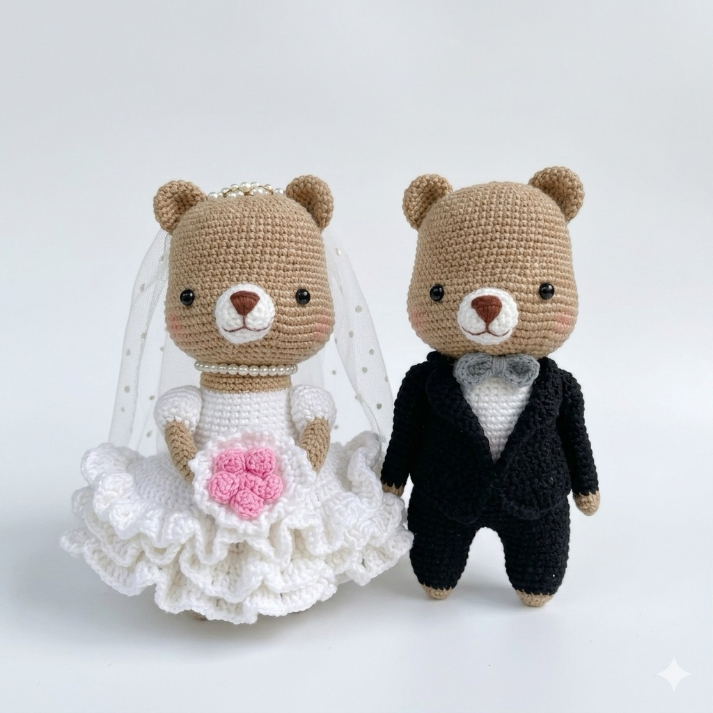 พร้อมส่ง ครบเซตพร้อมกล่องไม้ ตุ๊กคู่แต่งงาน พร้อมกล่อง ของขวัญแต่งงาน ตุ๊กตาถัก ตุ๊กตาคู่รัก งานฝีมือ ตุ๊กตาหมี บ่าวสาว