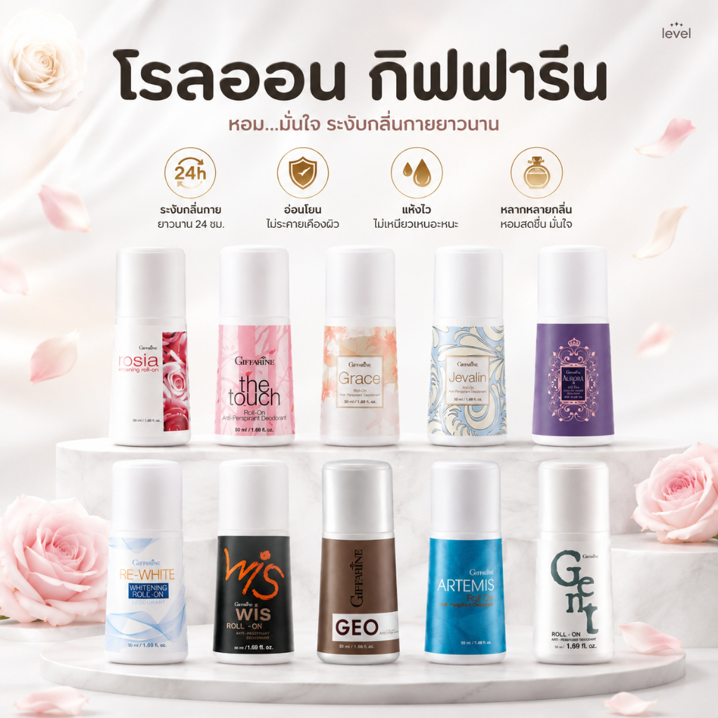 โรลออนกิฟฟารีน โรลออนผู้หญิง ผู้ชาย ไม่ทิ้งคราบเหงื่อ ลดปริมาณกลิ่นเหงื่อ พร้อมด้วยกลิ่นหอมหลากหลาย