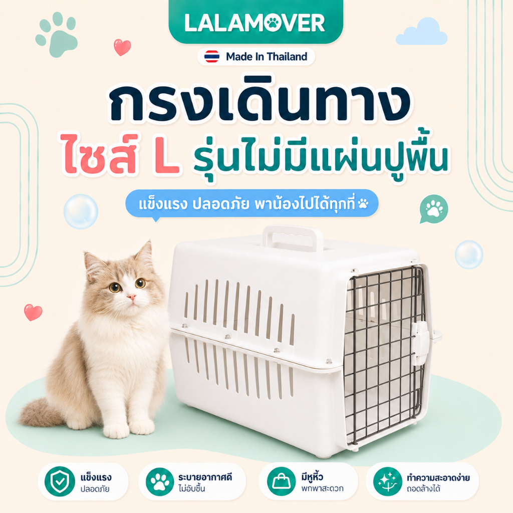 Lalamover กรงเดินทางสัตว์เลี้ยง สีขาว ไม่มีแผ่นรองพื้น ขนาดL 40x60x40 ซม.