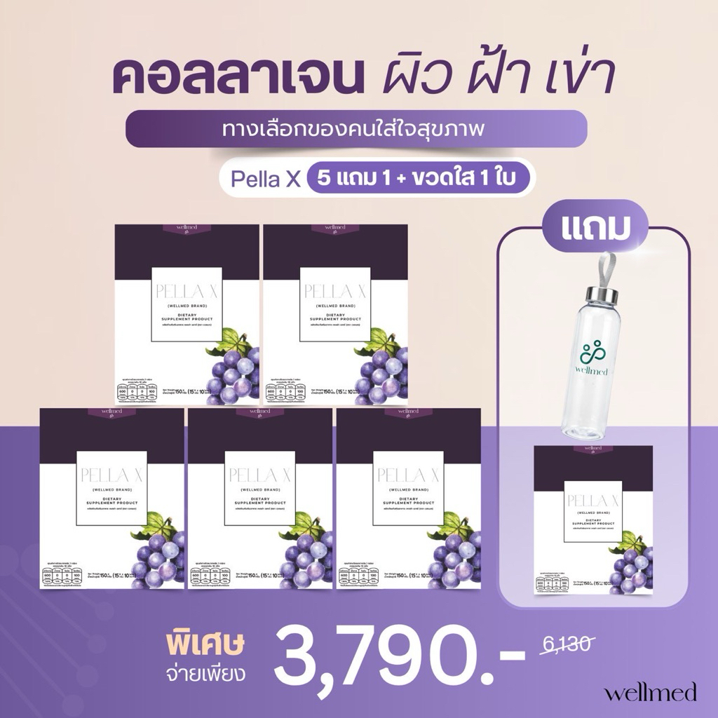 สูตรพรีเมี่ยม‼️คอลลาเจน 7 ระบบ Pella X 5 กล่อง  ดูแลผิว เข่า แนะนำทาน 1 เดือน แบรนด์ Wellmed พร้อมส่ง