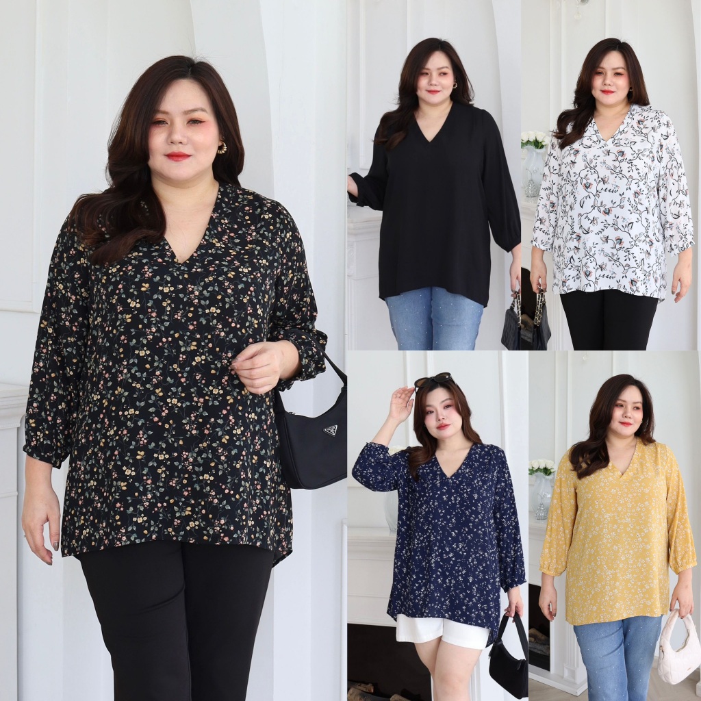 เสื้อคอวีแขนยาว สาวอวบ ผ้าชีฟอง พิมพ์ลาย เนื้อดี ใส่สบาย เสื้อชีฟองสาวอวบ ชีฟองพลัสไซส์ ชีฟองไซส์ใหญ่ S250-0276