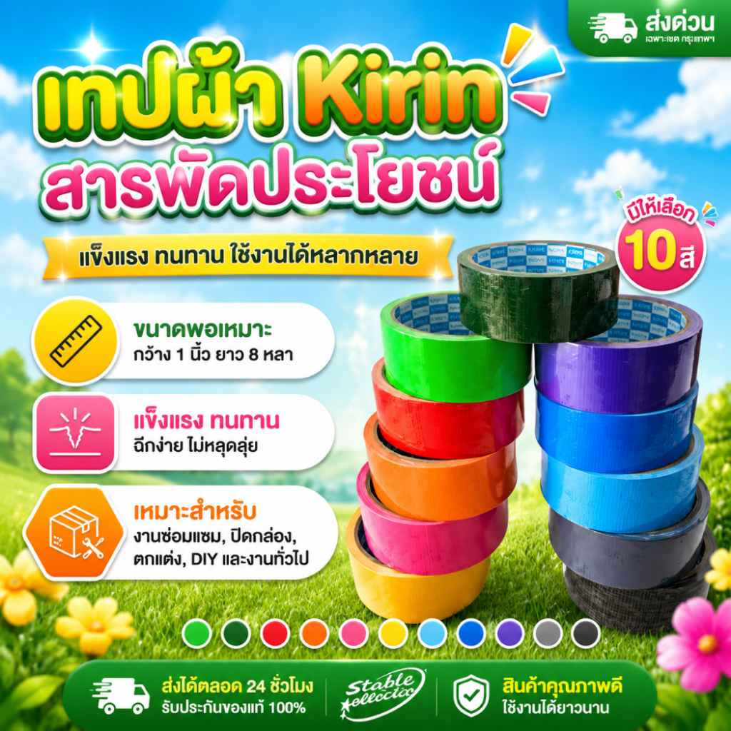 [ส่งด่วน]เทปผ้า แลคซีน ขนาด 1,1.5,2  นิ้ว x 8 หลา ยี่ห้อ Kirin ( 1 ม้วน )