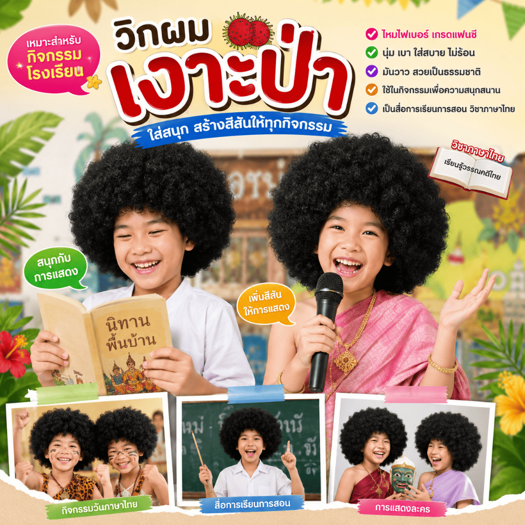 (จัดส่งด่วนจากกทม.) 🚨ต้อนรับวันภาษาไทย! 🚨 วิกแอฟโฟรเงาะป่า ทรงดิสโก้หนาฟูสะใจ สีดำ มีหลายขนาดให้เลือก ใส่ทำงานโรงเรียน