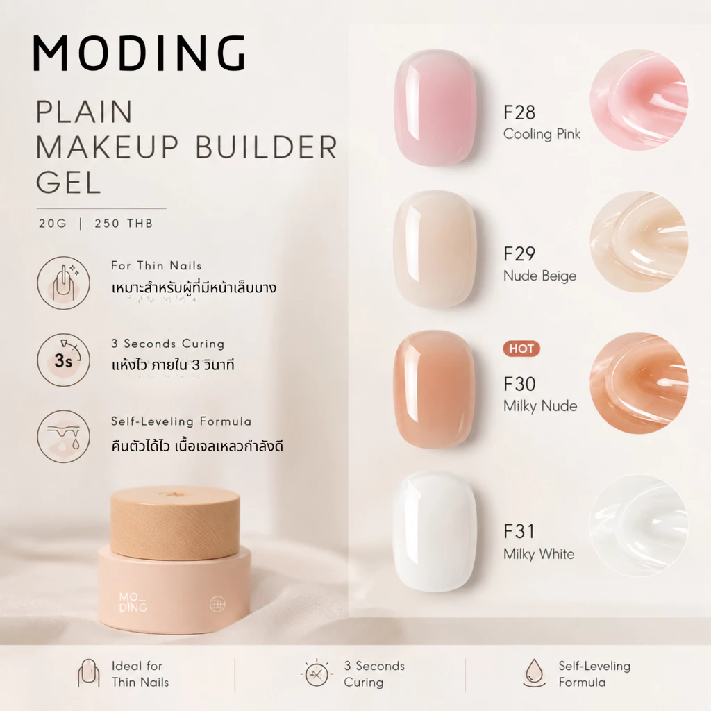 Plain makeup builder gel Moding 20G เจลเสริมหน้าเล็บสำหรับเล็บบาง