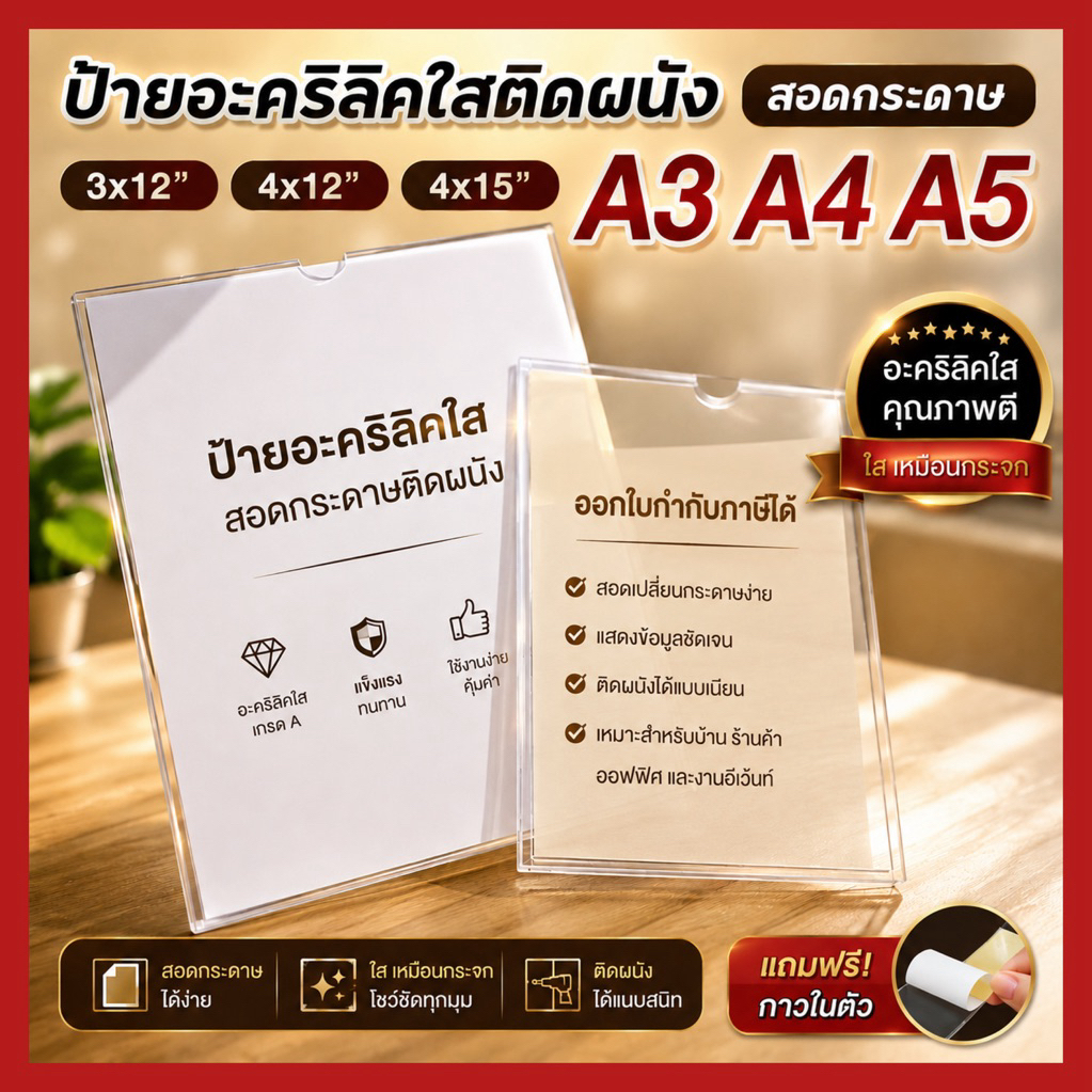 (พร้อมส่งร้านไทย)🌟ป้ายอะคริลิคใสสอดกระดาษ ติดผนัง *แถมกาว* แนวตั้ง/แนวนอน MADE IN THAILAND