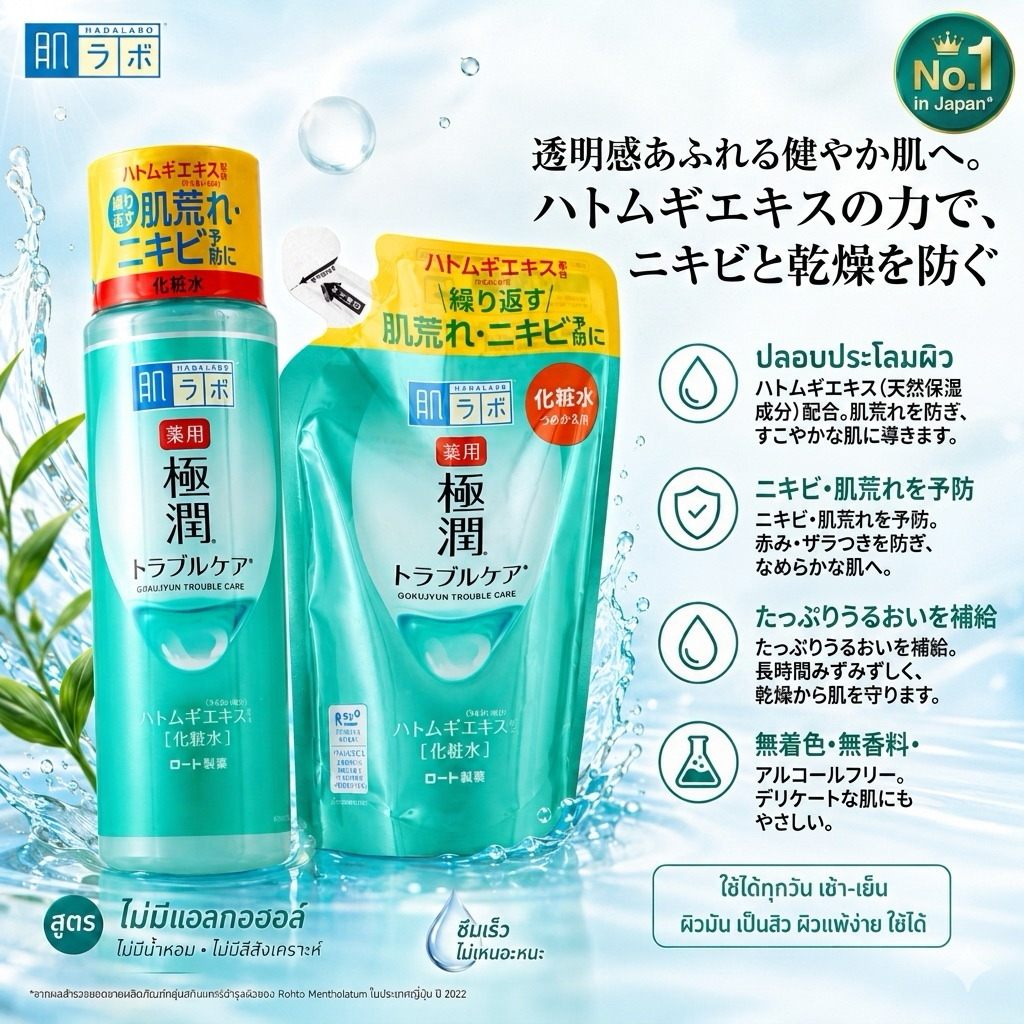 🟢น้ำตบสูตรลดการเกิดสิว (ขวดเขียวแถบส้ม)Hada Labo Blemish & Oil Control Hydrating Lotion ทั้งแบบขวดและถุงเติม.