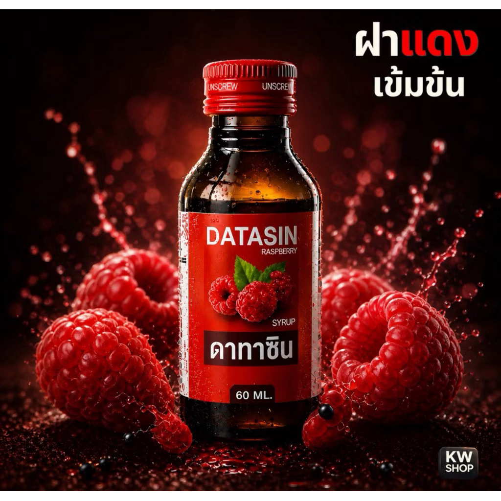 6 ขวด น้ำหวานเข้มข้น Datasin ฝาแดง กลิ่นราสเบอรี่ 60 มล.