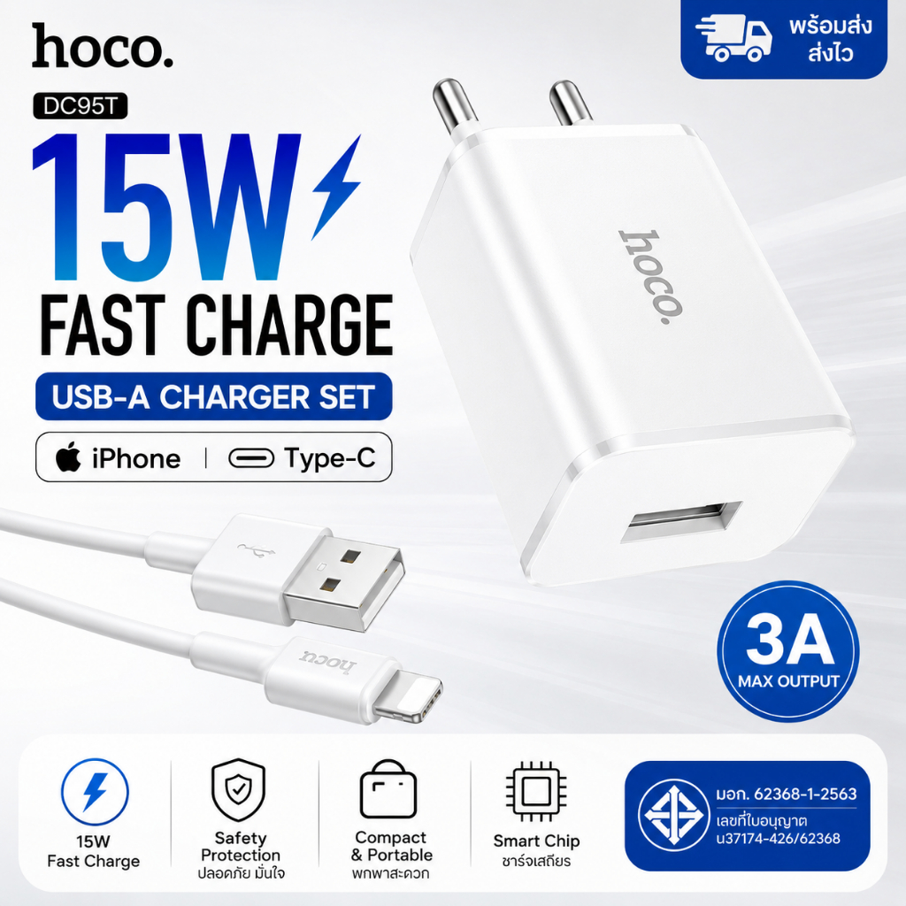 HOCO DC95T หัวชาร์จเร็ว 15W USB-A 3A Fast Charger Set พร้อมสาย iPhone / Type-C พร้อมส่ง