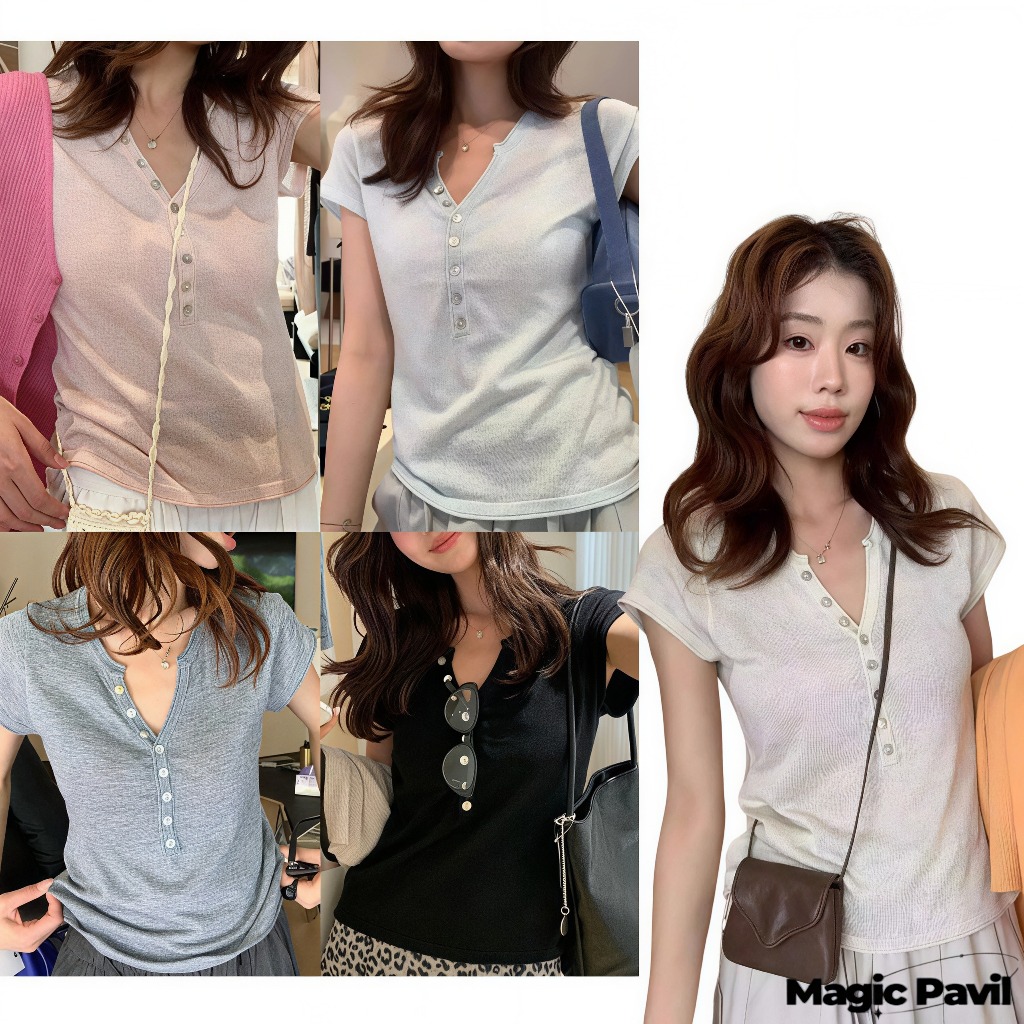【Magic】พร้อมส่ง | เสื้อยืดแขนสั้นผู้หญิง คอวี เนื้อนิ่ม มีกระดุมหน้า มีรัดเอว สีพื้น เสื้อผ้าแฟชั่นผู้หญิง' A158