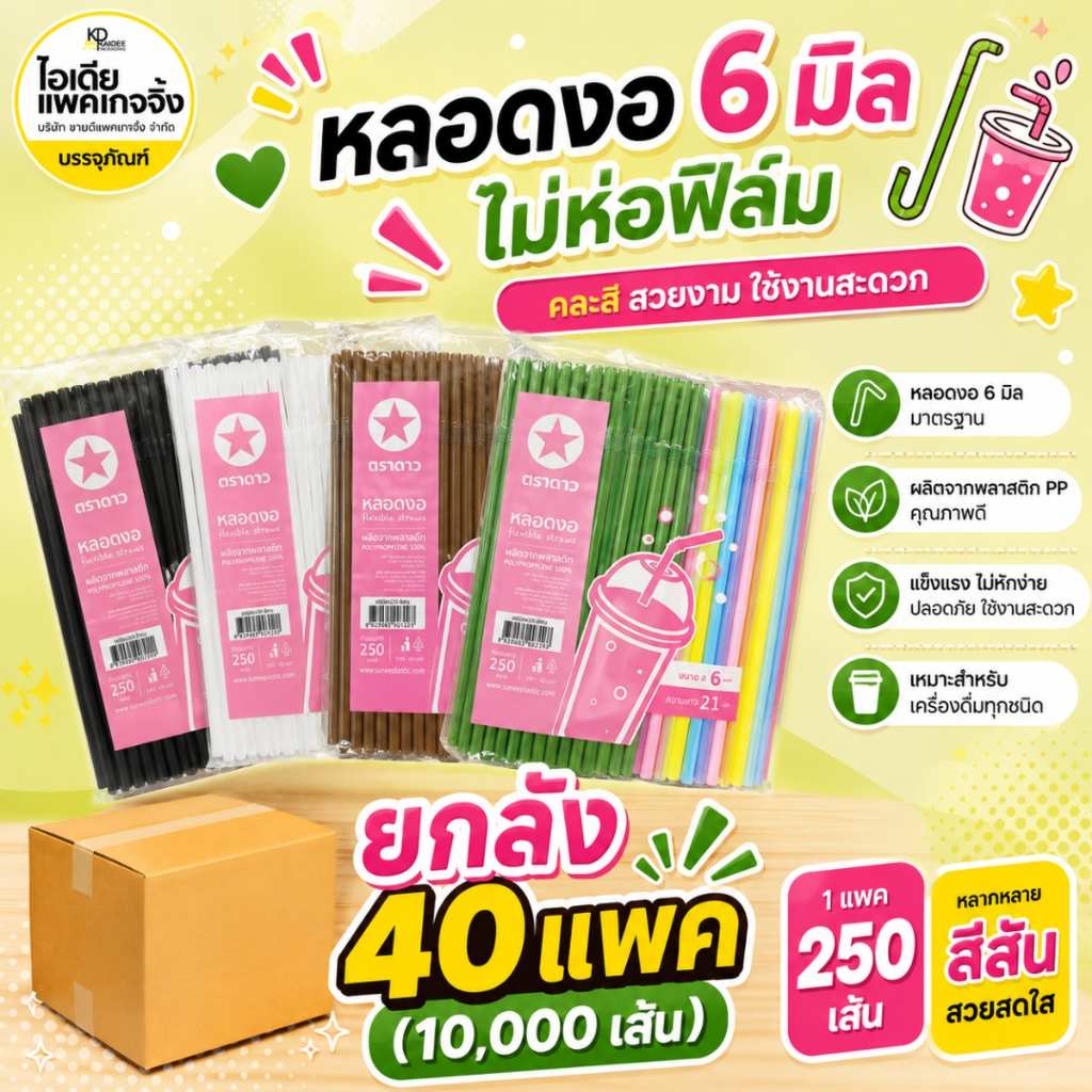 ยกลัง 40 แพค (10,000เส้น) ตราดาว หลอดงอ 6 มิล ไม่ห่อฟิล์ม มีให้เลือกหลายสี (250เส้น/แพค)