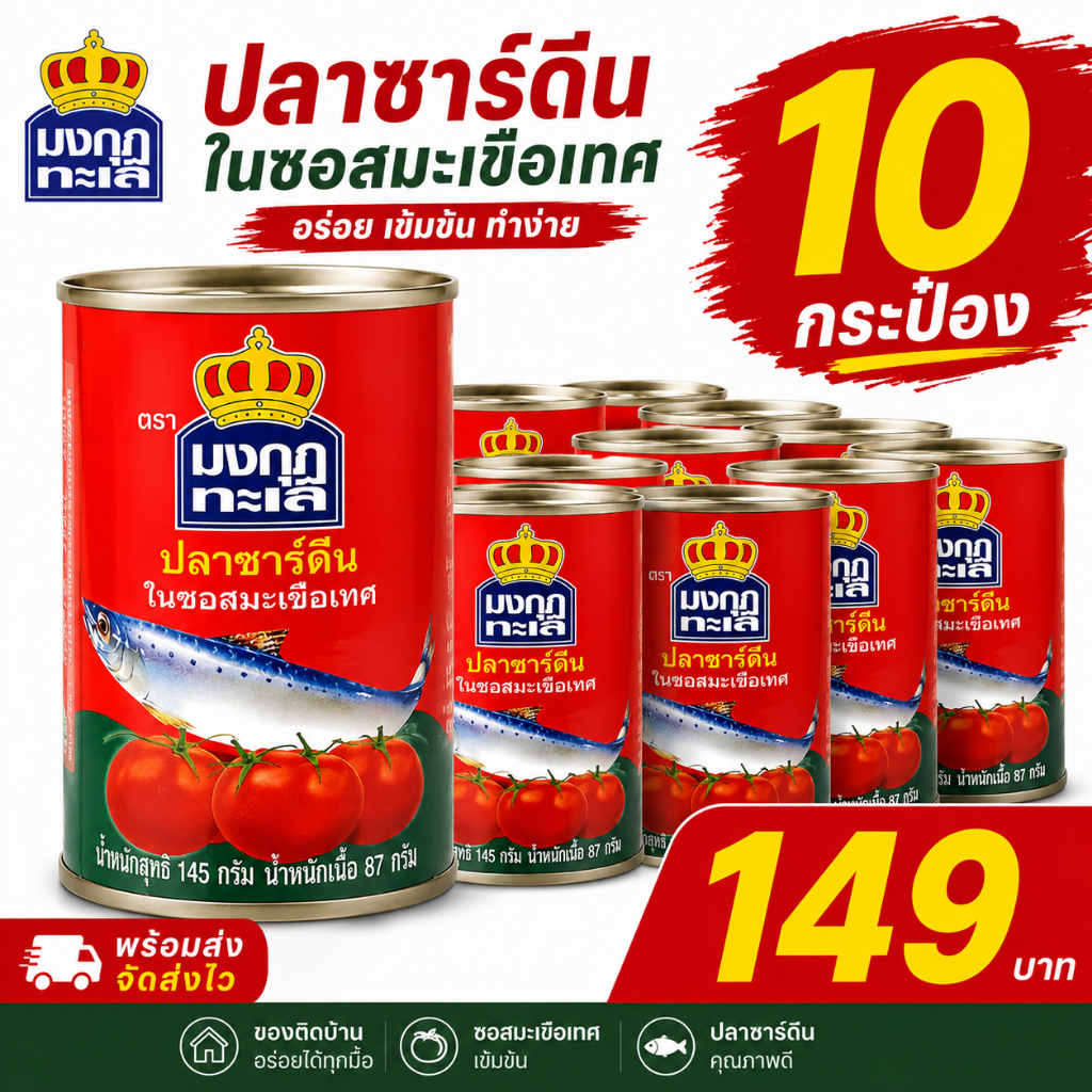 ปลากระป๋อง ตรามงกุฎทะเล  145 กรัม แพ็ก 10 กระป๋อง ราคาคุ้ม พร้อมส่ง