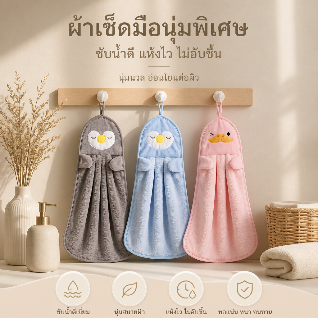【แนะนำชุด 3 ชิ้น】ผ้าเช็ดมือ การ์ตูน ซับน้ำได้ดี นุ่ม นุ่มนวล ไม่หลุดร่วง แห้งเร็ว แบบห้อย มีขอแขวน ของใช้ในบ้าน