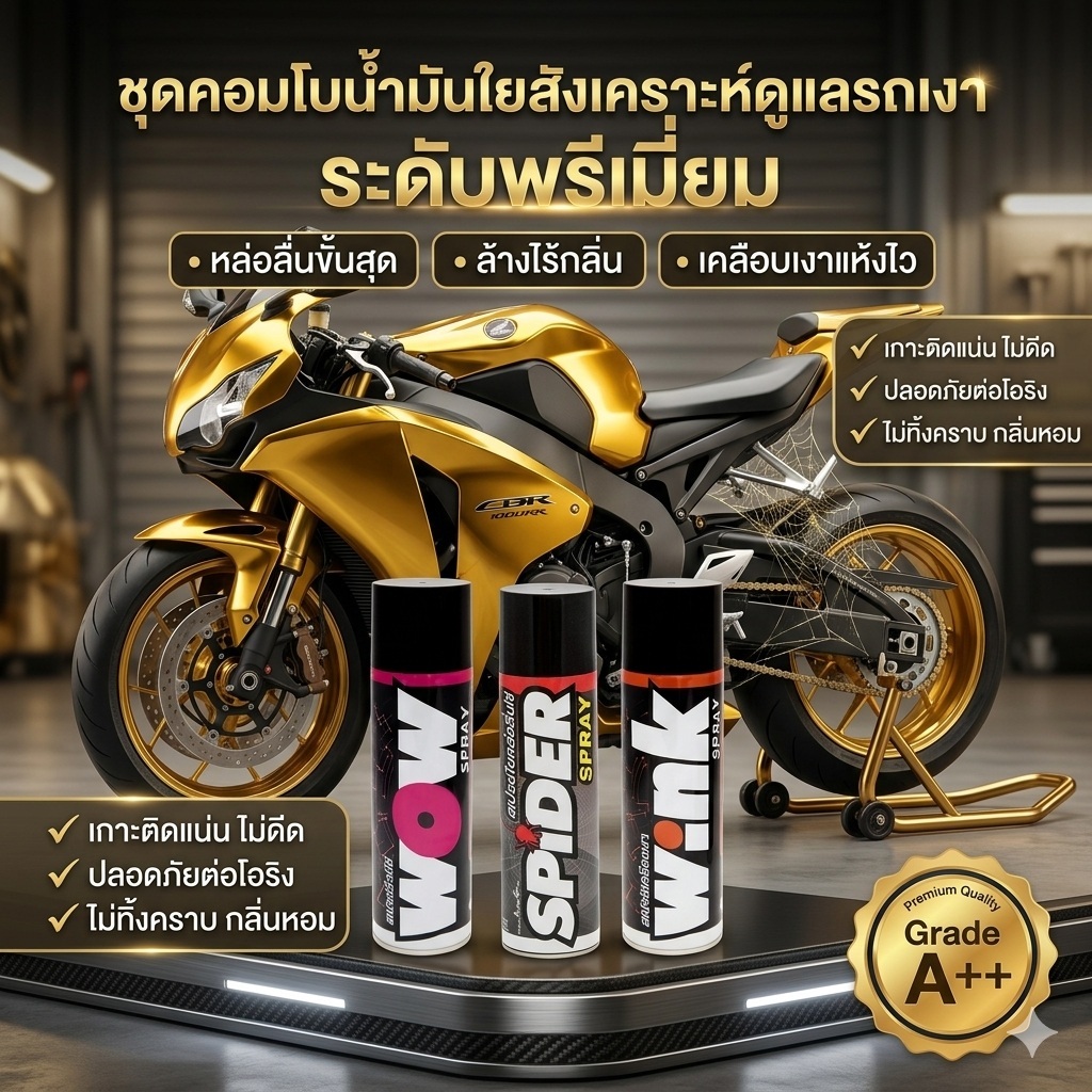 แถมฟรี 4 อย่าง แปรงล้างโซ่+ผ้า+ทิชชู่เปียก+ผ้าเช็ดป้องกันฝ้า.. LUBE71  WOW+WHiTE+WINK ชุดดูแลบิ๊กไบค์สีเงา เกรดพรีเมี่ยม