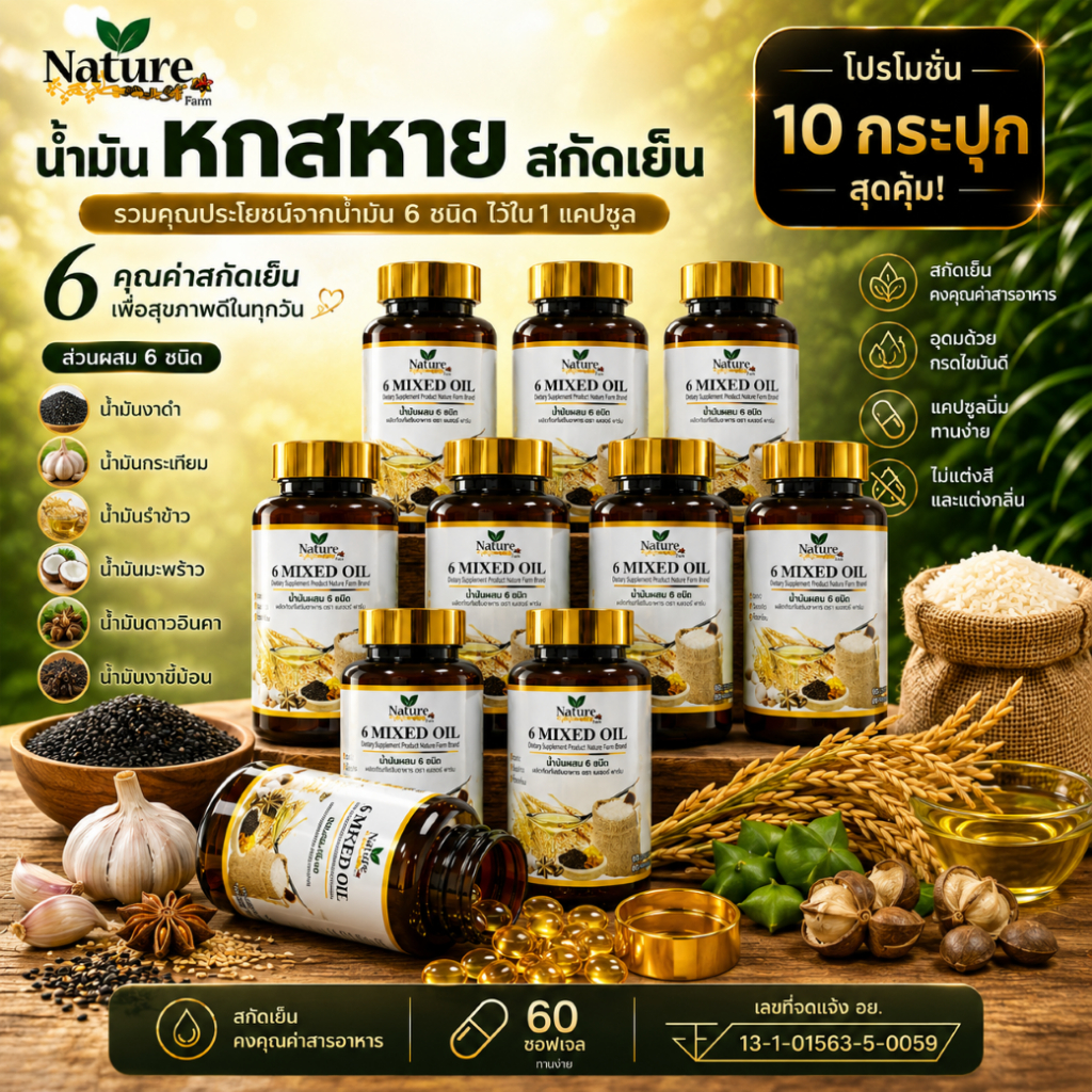 (โปรพิเศษ 10 กระปุก)  น้ำมันหกสหายสกัดเย็น เซตใหญ่สุดคุ้ม จัดส่งฟรี ของแท้ ตะกร้าบริษัท