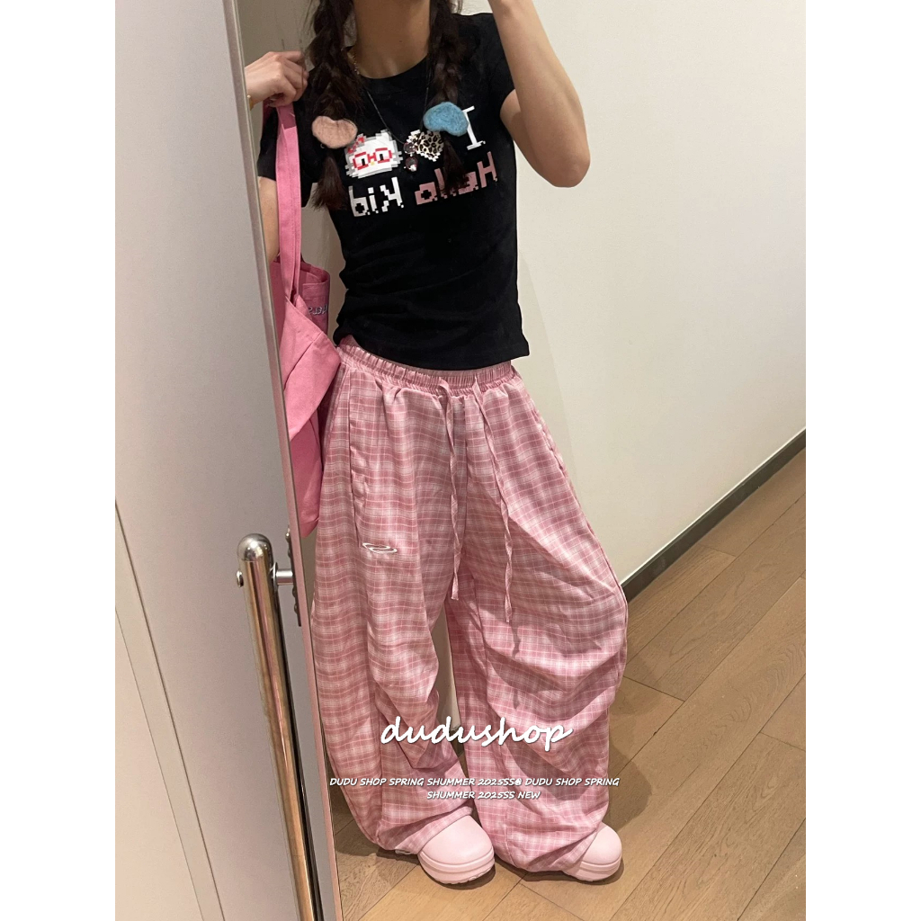 [Checkered contrasting casual pants]เวอร์ชั่นเกาหลีเทรนด์ผู้หญิงลายสก๊อตสีคอนทราสต์เอวสูงกางเกงขายาวสบาย ๆ