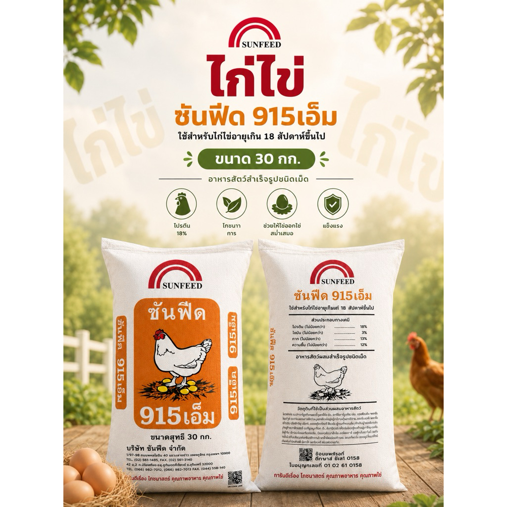 อาหารไก่ไข่ซันฟีด915เอ็ม ขนาด30กก.โปรตีน18%ไข่แดงไข่ดก