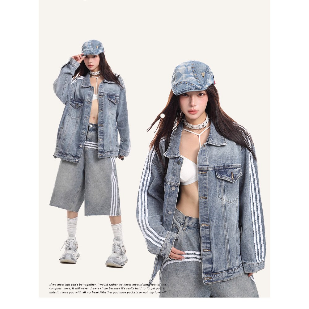 แจ็คเก็ตยีนส์ workwear ลายอเมริกันสำหรับผู้หญิง 2026 เสื้อแจ็คเก็ตสีน้ำเงินใหม่ด้านบน