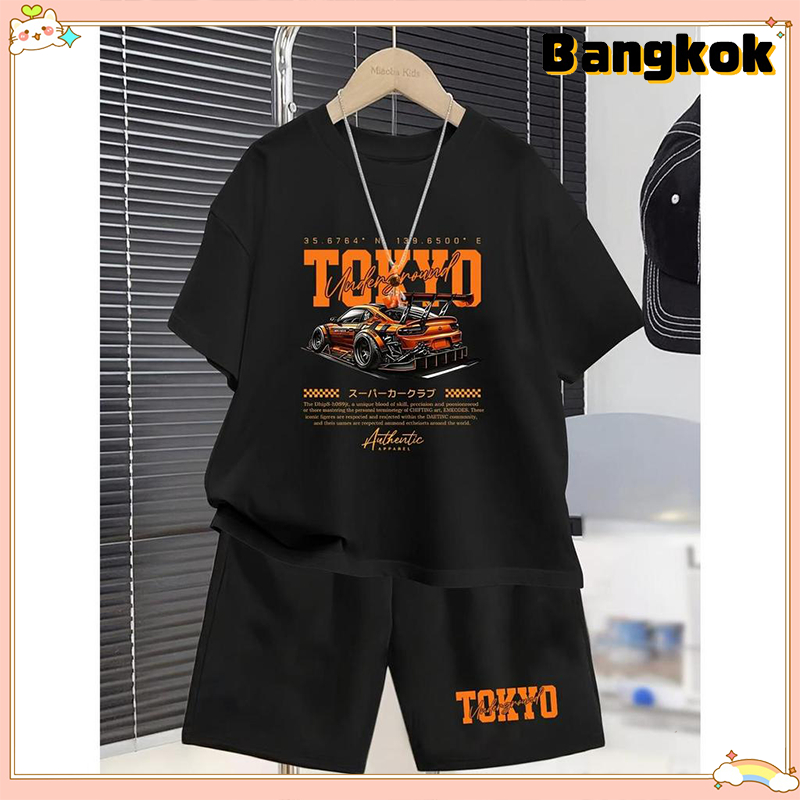 ชุดเสื้อยืดและกางเกงขาสั้นลายรถยนต์กีฬาสำหรับเด็กชายอายุ 5-6, 6-7, 8-10, 12-14, 14-16 ปี ชุดสองชิ้นสไตล์แฟชั่นสำหรับฤดูร