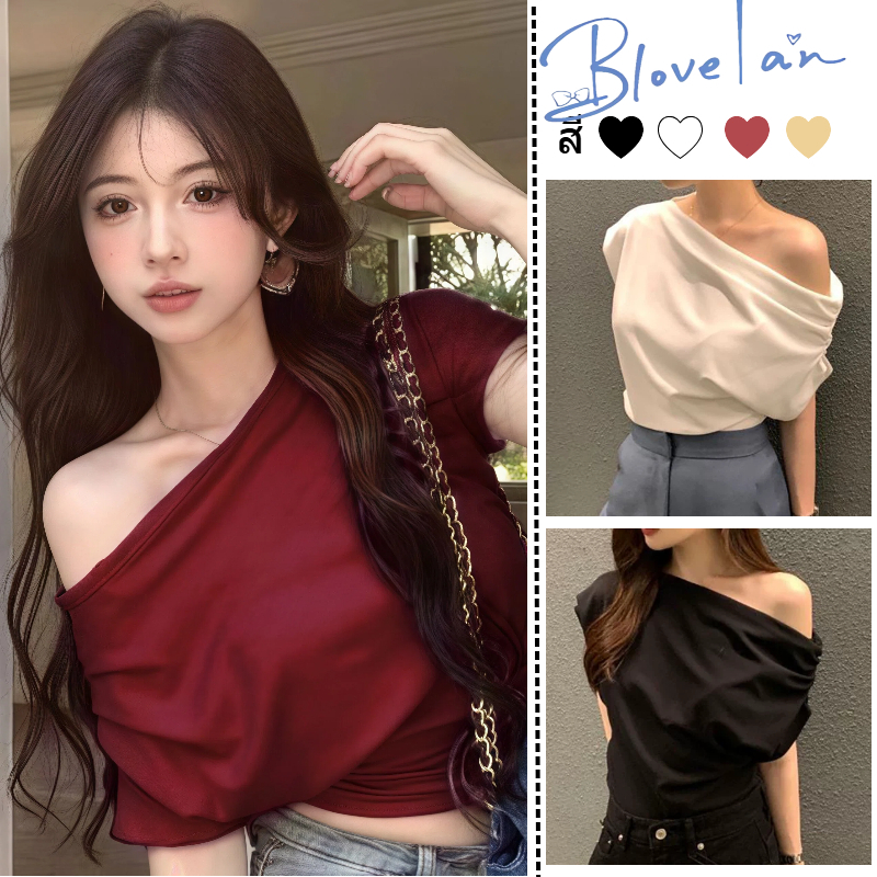 Women tiddings One Shoulder Tops Slim สีทึบ Ruched Slash คอ Tie-Up แขนสั้น Crop ช่วงฤดูร้อน สไตล์ใหม่ เปิดไหล่ เสริมความ