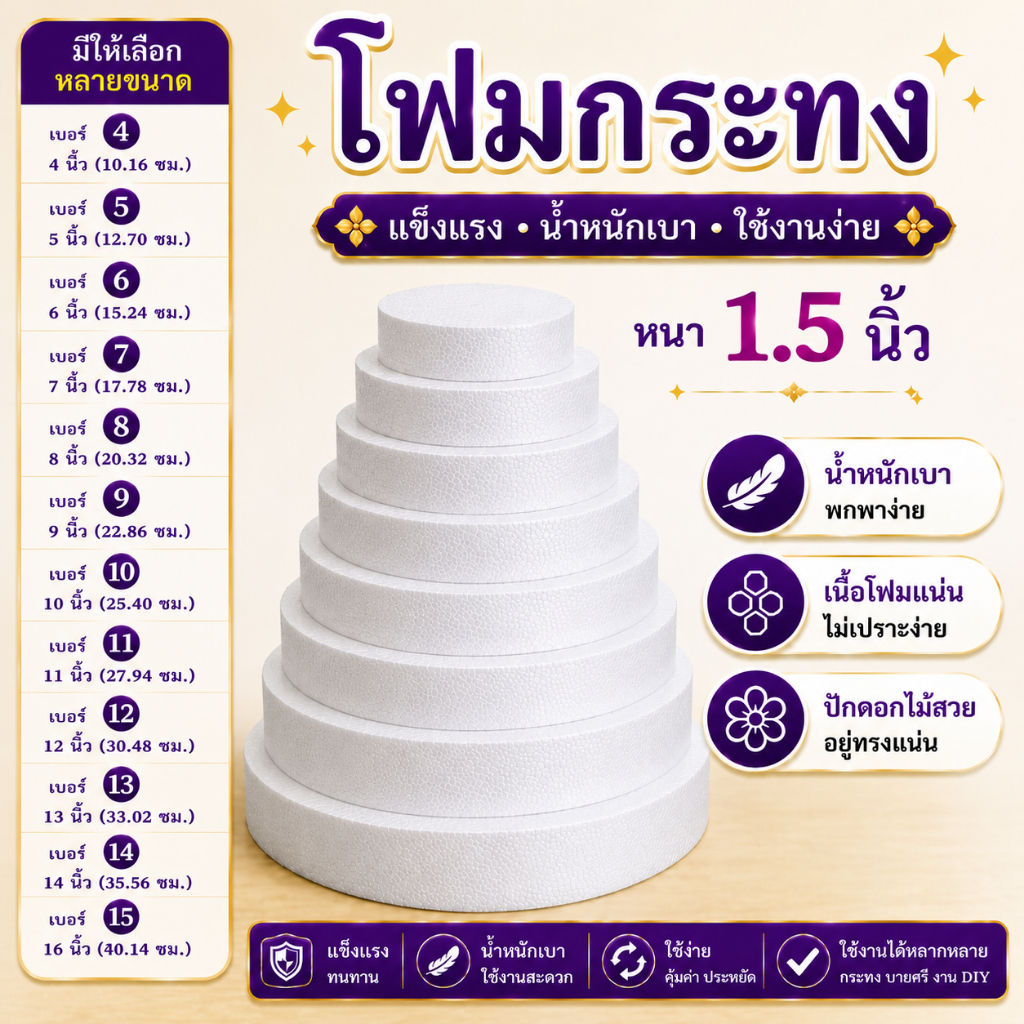โฟมกระทง หนา2นิ้ว เบอร์ 4,5,6,7,8,9,10,11,12,13,14,15,16,17,18,19,20,21 โฟมพานพุ่ม โฟมทำบายศรี โฟมพุ่ม โฟมวงกลม โฟมแผ่น