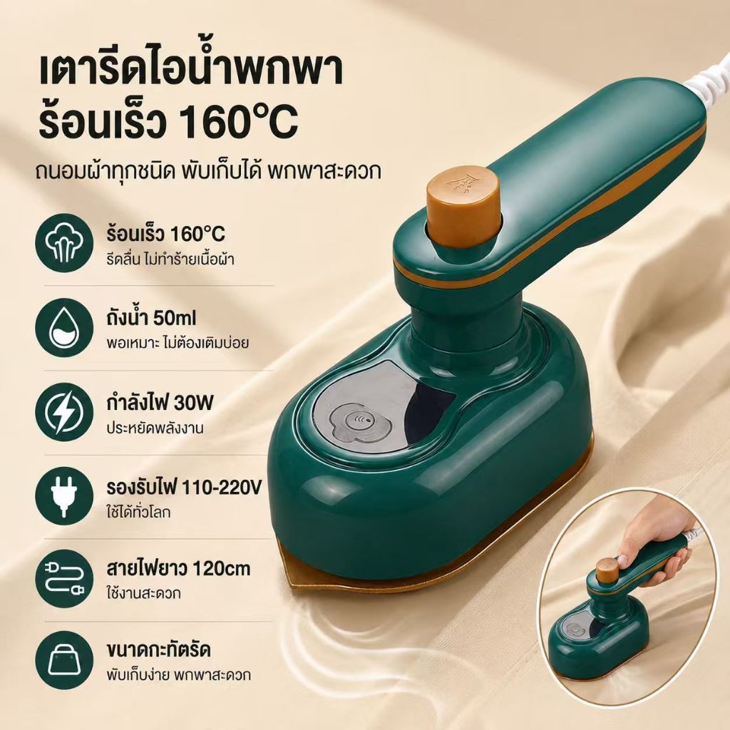 เตารีดไอน้ำพกพา 30W 50ml พับได้ 180° อุ่นไว 1 นาที ขจัดรอยยับ รองรับแรงดัน 110-220V