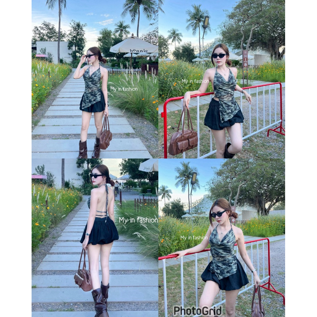 Mabelle   เสื้อคอถ่วง เปีดหลัง ผ้าชีทรูลายทหาร