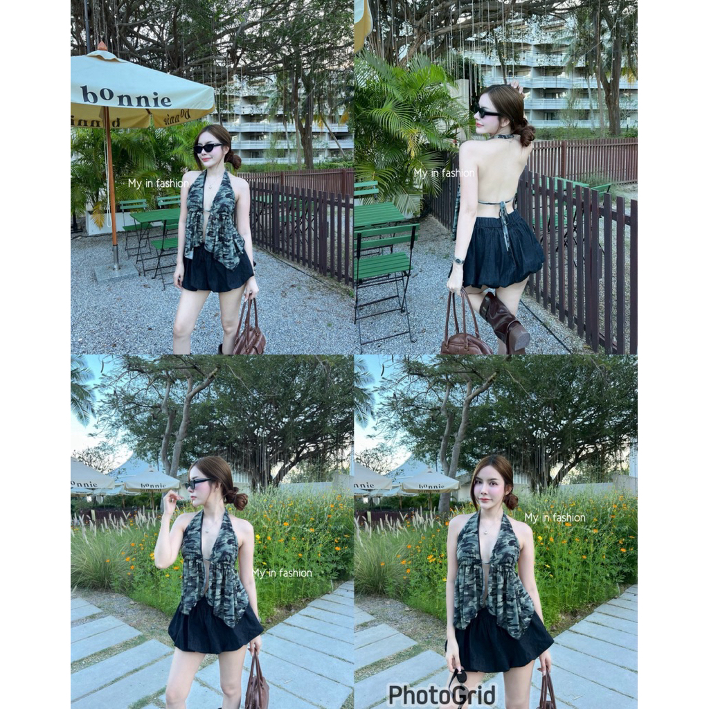 Mabelle   เสื้อสายเดี่ยวเปีดหลัง ผ้าชีทรูลายทหาร