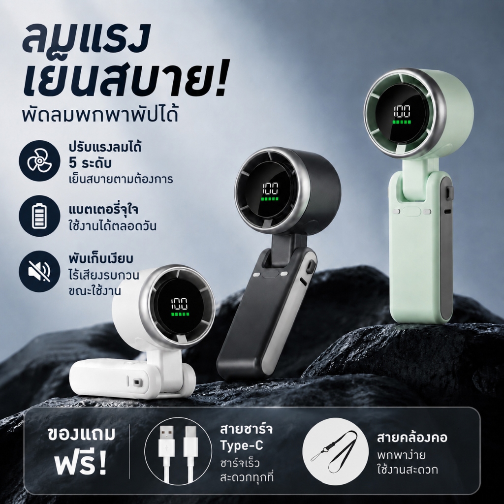 【Flash Sale】แฟนพกพาพับได้ 5ระดับ พัดลมมือถือ USB-C แบตใหญ่ อึดนาน จอLED 3in1 ของดีนักเรียน สาวเที่ยวช้อป ตั้งแคมป์