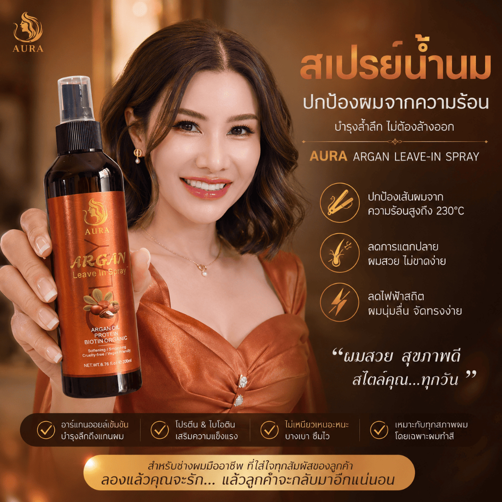 (A2)สเปรย์น้ำนมกันช็อตเส้นผม AURA ป้องกันผมช็อตจากความร้อน ลดการกรอบแห้งของเส้นผม