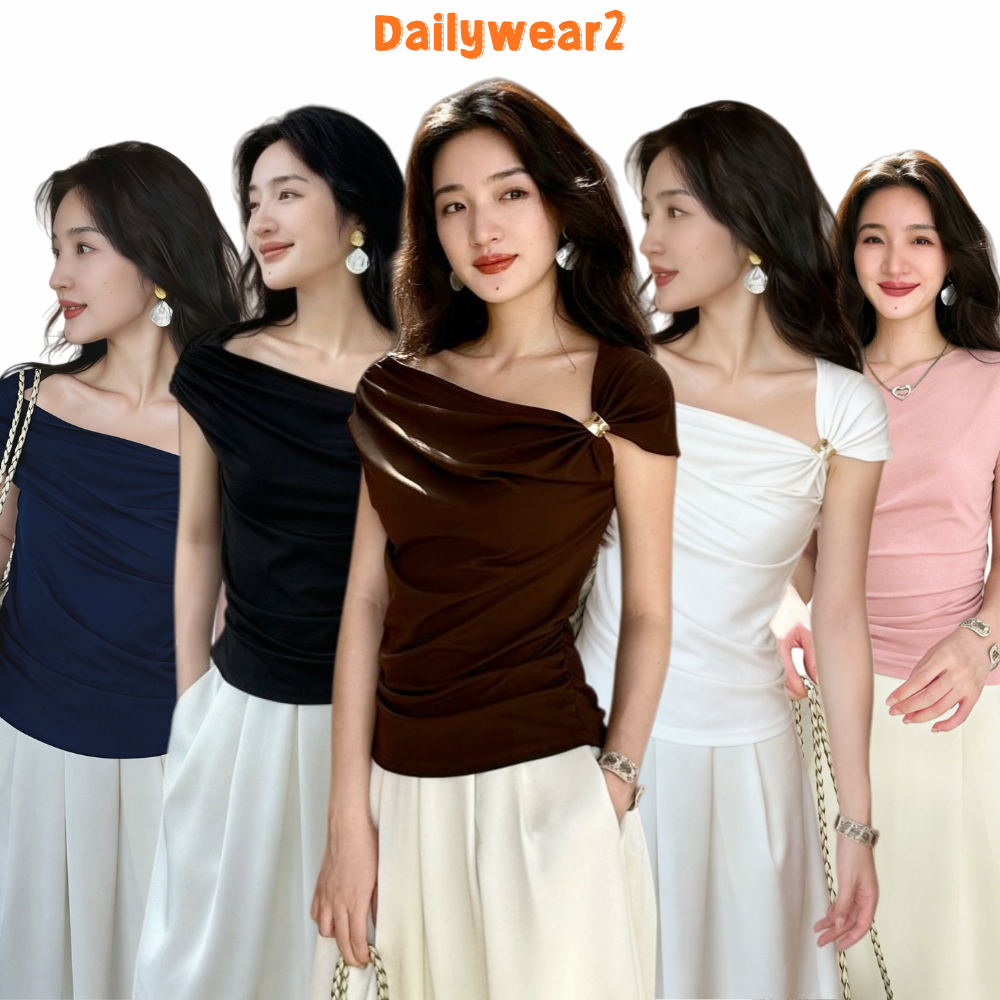 Dailywear พร้อมส่ง ✨เสื้อยืดแขนสั้นทรงอันซิมิตร ตกแต่งหัวเข็มขัดโลหะ ทรงเข้ารูป ดีไซน์หรูหรา สำหรับสตรี