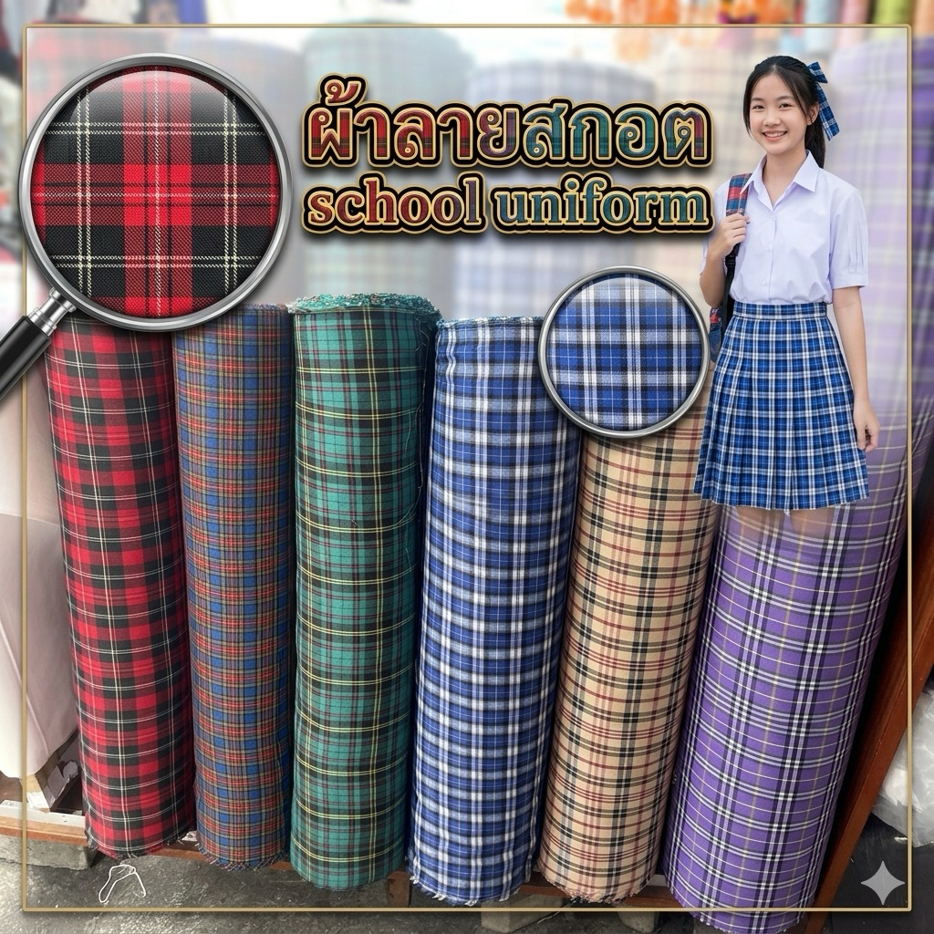 ผ้าสกอตทอ ผ้าลายสกอต ผ้าฟอร์มลายสกอต ทอหนา ฟอร์มนักเรียน นานาชาติ ตาราง เดรส กางเกง เมตร หลา กว้าง 110-115ซม