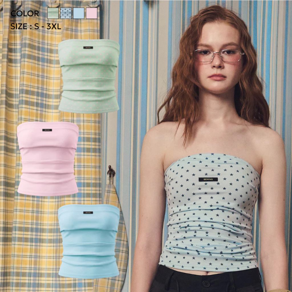 Bemingtop1180(S-3XL) - Musdi Top - เสื้อเกาะอกดีเทลผ้าย่น แมตช์ได้หลายลุค everydaylook