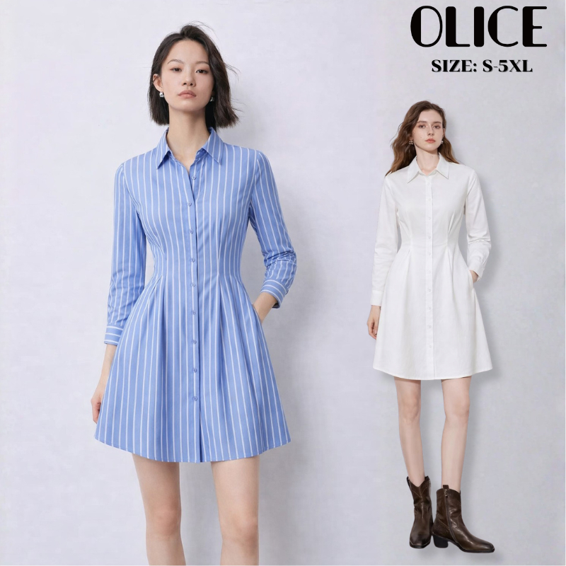 【🔥สินค้าพร้องส่ง🔥】S-5XL ชุดเดรสสั้น ชุดเดรสผู้หญิง ชุดออกงาน เดรส Dress แขนยาว สม็อคหลัง คอปก กระดุมขาว ใส่ทำงาน