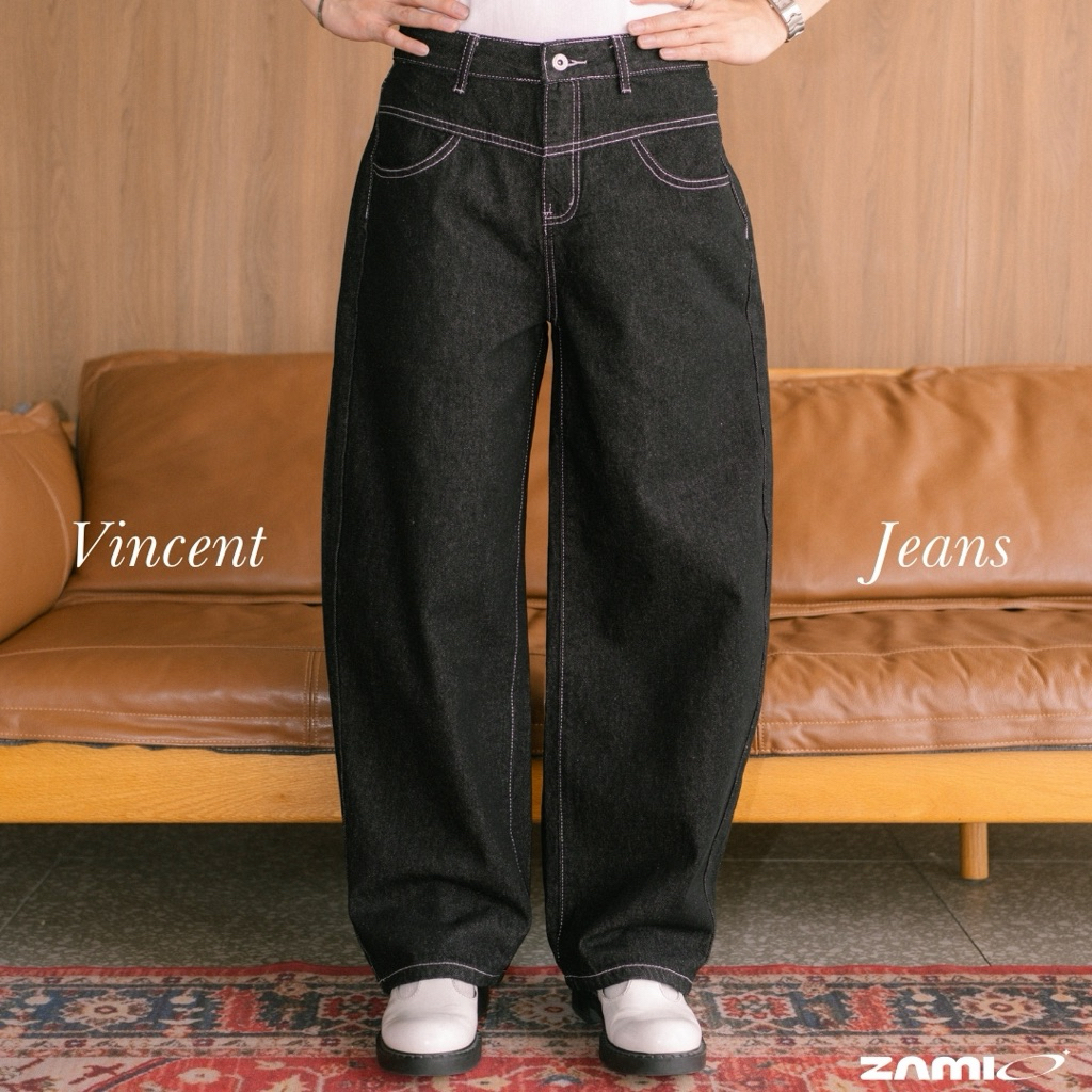 ZAMIO VINCENT Jeans กางเกงยีนส์เอวสูงทรง Barrel กระบอกใหญ่