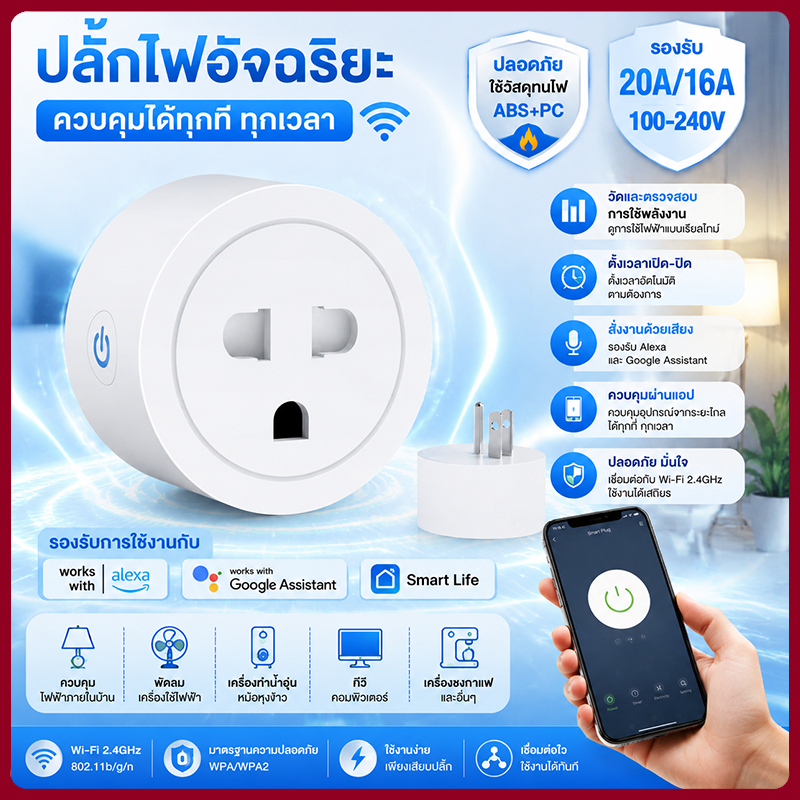 16A/20A Tuya ซ็อกเก็ต WiFi ปลั๊ก US รองรับแอพ Smart Life รองรับ Alexa google ควบคุมด้วยเสียงในบ้าน